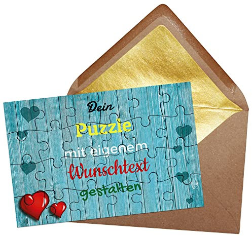 Puzzle selbst gestalten mit Text - 24 Teile Puzzle Personalisieren mit Wunschtext, inkl. Briefumschlag mit Gold-Inlay | Hintergrund Blaues Holz mit Herzen