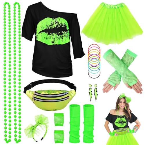 80er Jahre Outfit Damen Set, T-Shirt, Tutu, Gürteltasche, Stirnband, Ohrring, Halskette, Netzhandschuhe, 80er Jahre Kleidung Kostüm Neon Accessoires Party Karneval Clothes-80SMouth-Green-2XL