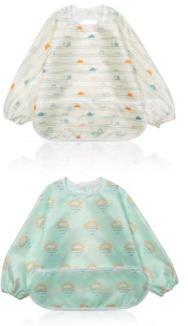 Little Dimsum Lätzchen Baby Lätzchen mit Ärmeln, Lätzchen Wasserdicht Abwaschbar Ärmellätzchen, Baby Bibs Set für Kleinkinder mit Großer Tasche (6-36 Monate) - 2er-Pack