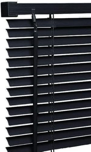Ruby Deals Open Box PVC Venetian Blinds 25mm Thin Slats Kitchen Window Treatment Easy Fit Home Blind (Black, 120cm x 213cm)