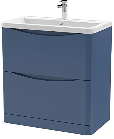 nuie LUN303A Lunar Modern Bathroom Floor Standing 2 Drawer Vanity Basin Unit with Ceramic Basin, 800mm, Satin Blue