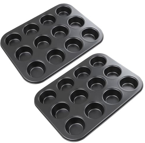 YOUNTHYE 2 Stück Mini Muffins Backform Mini Muffinblech 12er Edelstahl Schwarz Mini Muffinform Karbonstahl Mini Muffinbackformen Mini Muffinformen für Cupcakes, Brownies, Kuchen, Pudding 26 x 20cm