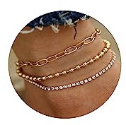 FUNEIA Fußkette Gold Damen 14K Vergoldet Boho Perlen Fußkettchen Mode Mehrschichtige Forever Herz Pearl CZ Fußkettchen Set Wasserfest Verstellbar Strand Fuß Schmuck für Frauen und Mädchen