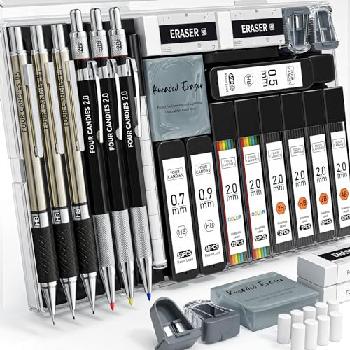 Four Candies 25PCS Art Mechanical Pencil Set with Case, 3PCS Metal Artist Lead Pencil 0.5, 0.7, 0.9 mm & 3PCS 2mm Holder(HB 2H 2B 4B Color) with 432PCS Graphite Lead Refills for Drawing Sketching