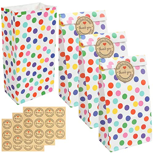 IKR 30 Stück Papier-Partytüten, Regenbogen-Punkte, Papiertüten für Lebensmittel, Süßigkeiten, Geschenktüten mit 36 Aufklebern für Kinder, Geburtstag, Valentinstag, Hochzeitsgeschenke (18 × 9 × 5,5 cm)