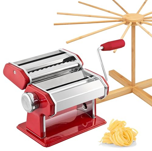 bremermann Nudelmaschine für Spaghetti, Pasta und Lasagne inkl. Nudeltrocker aus Bambus als Set (Rot)
