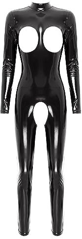 TiaoBug Damen Wetlook Bodysuit Ouvert Hose Latex Catsuit Lack Leder Overall Jumpsuit Langarm Top Hot Pants Sexy Dessous Gogo Clubwear Schwarz F XXL