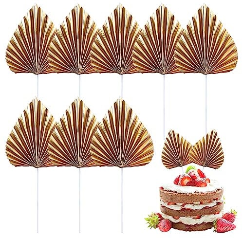 8PCS Gold Cake Toppers Decorations Reusable Palm Insert Leaf Folding Fan for Cake Decorating DIY Craft, Birthday, Home, Wedding Party(gold)