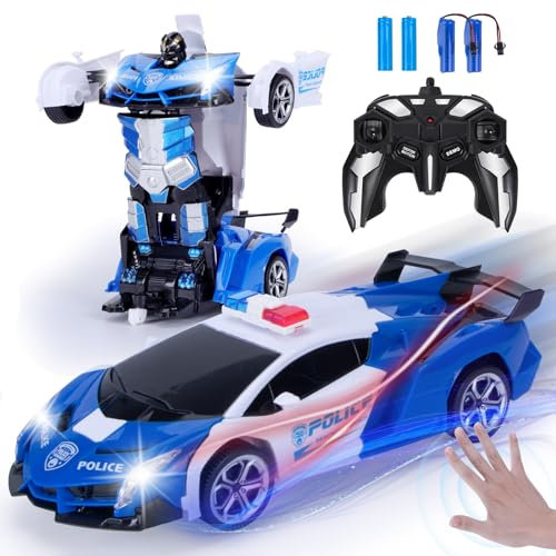 Yellcetoy Transform Toys Remote Control Car, RC Robot Car with Hand Gesture Sening LED Light Music & Sound Effect, 2.4Ghz Transforming Police Cars with Batteries, Gifts for Kids Boys Age 3-10