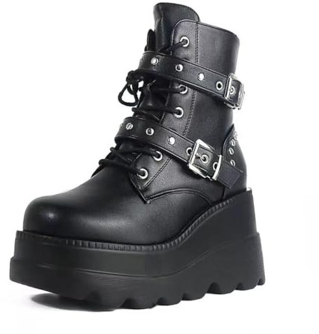 Botines góticos para mujer con plataforma y hebillas de murciélago, tacones gruesos, punta redonda, cremallera, botas de combate punk para motocicleta, cómodos botines góticos cortos
