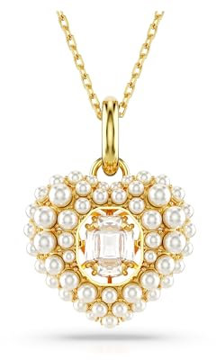 Swarovski Idyllia Anhänger, Weiße und Vergoldete Damenhalskette mit Herz-Motiv, Kristallperlen und Strahlendem Swarovski Kristall