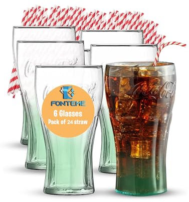 Fonteme Set mit 6 Coca Cola Libbey Green Gläsern mit 24 Strohhalmen – 42 ml Fassungsvermögen | Coca-Cola-Gläser-Set perfekt für Limonaden, Säfte und mehr | langlebige und stilvolle rote und weiße