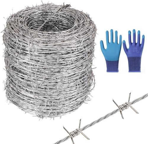 Begonia Filo spinato 1,8 mm x 8 m, Rotolo di Filo spinato zincato, Recinzione di Filo spinato a Punti, Filo barriera zincato a Caldo, Filo barriera con Guanti, Filo barriera per Balcone Giardino o AR