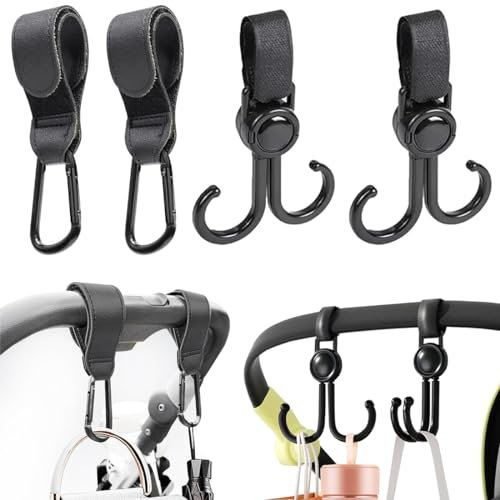 4 Pezzi Ganci Passeggino, Ganci per Passeggino Girevoli, Ganci per Passeggino in Velcro, Ganci per Passeggino per Borse, Moschettone per Passeggino, per Appendere Borse della Spesa su una Carrozzina
