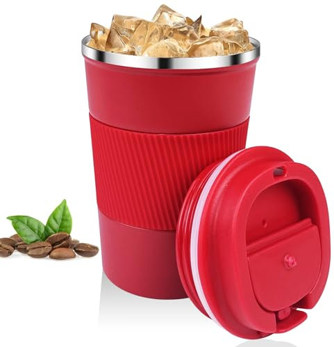 Relota Taza de Café 380mL Rojo, Termo Cafe para Llevar 304 Acero Inoxidable Reutilizables Vaso Termico Cafe Antigoteo para Coche, Termo Café Hermético para Café Frío y Caliente, Leche y Té