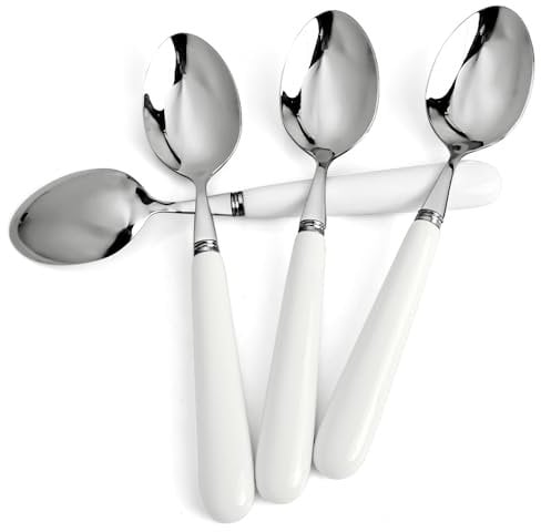 MEIYAHOME Cuchara de cena fina de 20 cm con borde redondo de calidad 18-10 de acero inoxidable blanco mango de cerámica, cucharas de sopa cubiertos de pulido de espejo, cuchara de comida principal