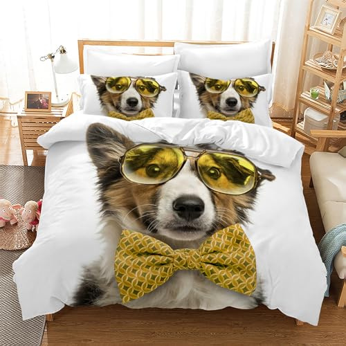 Leleyouzer Hund Bettwäsche Set, Hundemuster Bettwäsche für Jungen Mädchen Teenager, 1pc Mikrofaser Bettbezug mit Reißverschluss und 2pc Kissenbezug 50 x 75cm (D3, 135×200 cm)