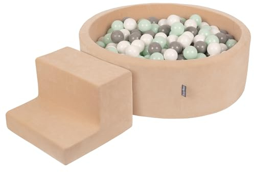 KiddyMoon Spielplatz Velvet Aus Schaumstoff Mit Rund Bällebad (200 Bälle) + Stüfchen Ballgruben Für Babys Spielbad, Sandbeige:Weiß/Grau/Minze