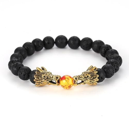Wycian Bracelet Damen, Armkette Herren 17 cm Perlen Lavastein Schwarz Double Dragon Stretch 19cmx8mm Elastisch 1er Naturstein für Geburtstag