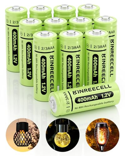 KINREECELL Lot de 12 piles solaires 2/3AAA 400 mAh NI-MH haute capacité 2/3AAA 1,2 V avec faible auto-décharge pour lampes solaires d'extérieur (2/3AAA, 400 mAh)