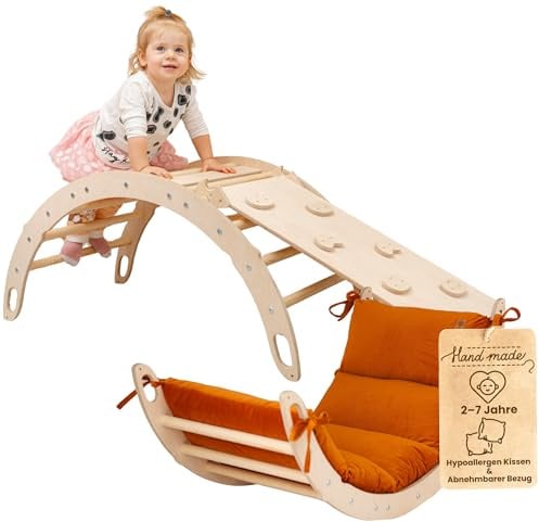 WoodsCraft Kletterbogen mit Kissen & 2in1: Rutsche Indoor/Kletterrampe | mit hypoallergen Kissen für Kletterbogen, holz Montessori Klettergerüst indoor spielgeräte, Babyrutsche & Rampe