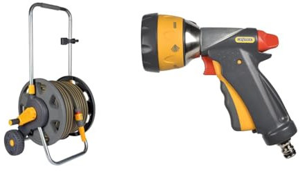 HOZELOCK - Cart Plus 50m of Ultramax Hose (12.5 mm): Max Capacity 60m, Rewind Handle & HOZELOCK - Multi-Jet Spray Gun Ultramax Pro Metal : for Intensive Watering, Ergonomic and Extremely Robust