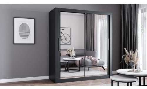Fabryka Mebli Idźczak Kleiderschrank mit Spiegel - Schwebetürenschrank - Schlafzimmerschrank - 64 x 180 x 215 cm - Wohnzimmerschrank - Garderobenschrank, schwarzer Schrank mit Zwei Türen, modern
