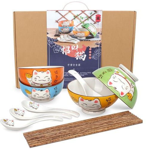 Asiatisches Daruma Speiseservice | Glückskatzen Reisschüssel Set | Handbemalt | 4 Stk. | Mit Reisschalen, Essstäbchen & Löffeln