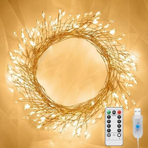 USB-Feuerwerkskörper-Lichterkette, 3 m, 100 LEDs, funkelnde Lichterkette mit Fernbedienung und Timer, wasserdichte Cluster-Lichter für Innenkranz, DIY, Party, Hochzeit, Weihnachtsdekoration, Warmweiß,