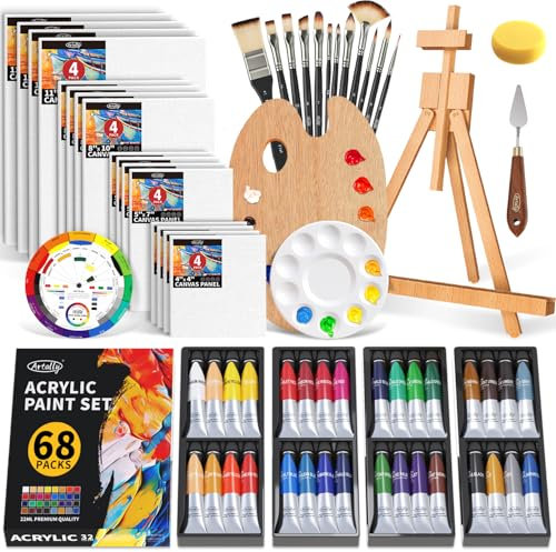 ARTALLY Acrylfarben-Set für Erwachsene und Kinder, 67-teiliges Leinwand-Malset, 32 Farben Acrylfarbe (22 ml), Tischstaffelei, Pinsel, Leinwand, Kunstmalerei-Set für Studenten, Künstler, Anfänger