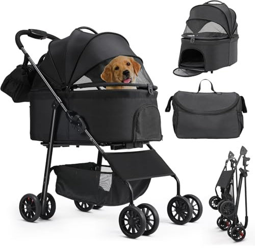 MAMIZO Hundebuggy 3 in 1 bis 30 kg,Klappbar Hundebox Transporttasche,Tragbares Haustiernest,GroBzügiger Korb für kleine/Mittlere Hunde Katzen,mit Umhängetasche, 360°Räder Pack,OxfordStoff(Schwarz)