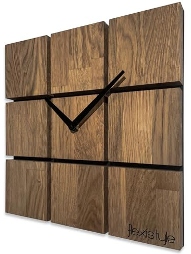 Wanduhr modern Harmony Holz Eiche quadratisch schwarz ohne tickgeräusche Badezimmer Wohnzimmer jugendzimmer (Eiche Braun, 30cm)