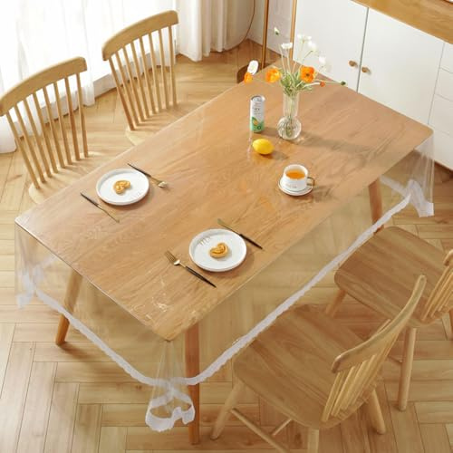 PVC-Spitzen-Tischdecke, transparent, wasserdicht, Kunststoff-Tischdecke mit weißer Spitzenkante, Vinyl-Tischschutz, kratzfeste transparente Tischdecke für Esszimmer, Küche, Zuhause, Party (150 x 230