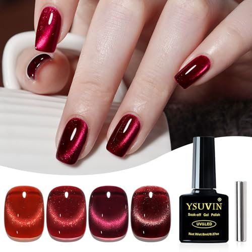 Yueshop Cat Eye Gel Nail Polish, 4 Colors Crystal Jelly Burgundy Cherry Red DarkRed Glitter red Gel Nail Polish Set with Magnet,red gel Polish Soak Off UV LED Nail Art Varnish Kit For Women,8ml