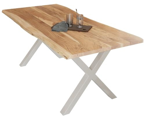 Liadomo Esstisch 180x90 Diala Natur, X-Gestell weiß | Baumkante, Akazie Massivholz Tisch, 35 mm Tischplatte lackiert, Metallgestell, Robust & Pflegeleicht, bis zu 8 Personen