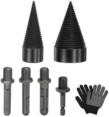 M METERXITY 2-Pack Wood Splitter Drill Bit 32mm+50mm, Black+Grey | Log Splitter, 4 Handles, Square Round Hex Shank Small Hex, Firewood, With Gloves, For Outdoor Stove Farm