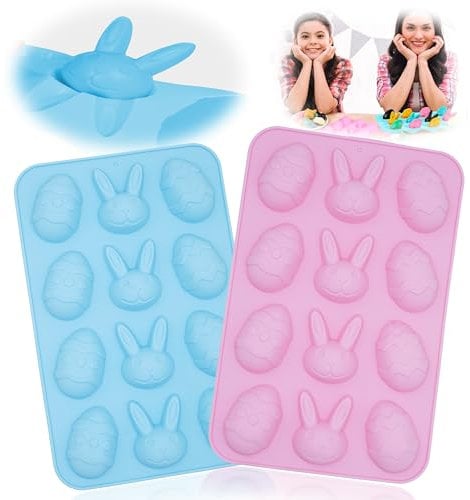 2Pcs Easter Silicone Baking Moulds |Blue & Pink| 12 Cavity Egg Bunny Shaped Non-Stick Reusable Tray, DIY Chocolate Candy Jelly Fondant Mold for Easter Party Supplies, 22.5cm