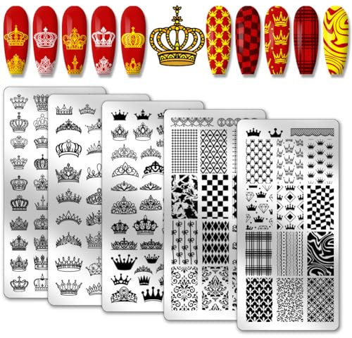 PH PandaHall 5pcs Crowns Nail Stamping King Queen Nail Art Templates Fashion Diamonds Nail Art Stencils Line Grid Nail Plates Elegant Crown Nail Image Plates for Nail Design Print Manicure Salon
