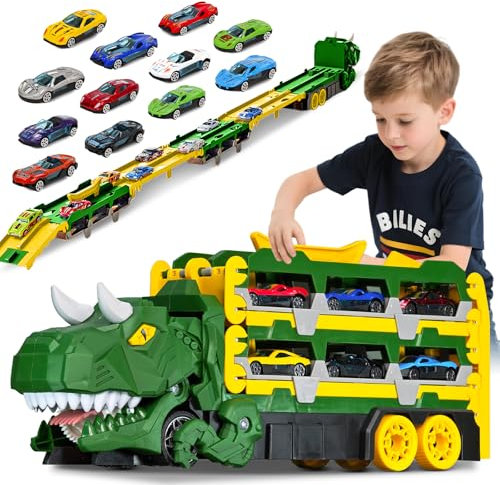 Sternstunde Camion de Transporteur Voiture Enfant avec 12 Petite Voiture, Voiture Jouet Portable Dinosaur Truck, pour Les GarçOns âGéS De 3, 4, 5, 6 Ans Enfants GarçOns Cadeau (Vert)