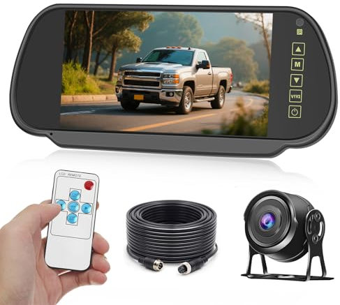 Inefala Rückspiegel Rückfahrkamera 7 Zoll Monitor, IP66 Wasserdicht HD-Kamera, Nachtsicht, Spiegel/Normale Bilder, Bildschirm Einparkhilfe mit 15m Kabel 12V-24V für Pickups, LKW, Wohnmobile, Anhänger