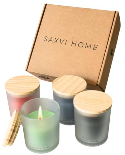 Set 4 Velas Cera de Abeja - 140h (Lavanda, Limón, Árbol de Té, Ylang Ylang) | Velas Aromáticas Artesanales SAXVI HOME, Aceites Esenciales Ecológicos, combustión limpia, vaso de cristal, Pack Regalo Mujer