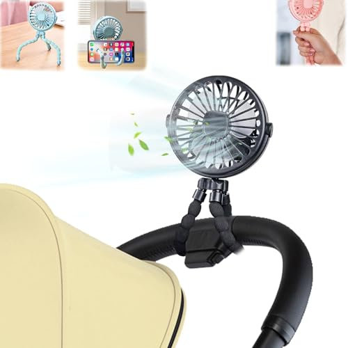Pram Fan Clip on Stroller - USB Rechargeable Pram Fan with Night Light, 500mAh 3-Speed Portable Clip-On/Handheld Personal Cooling Fans for Baby Stroller, Car Seat, Bike, Camping, Travel (Black)