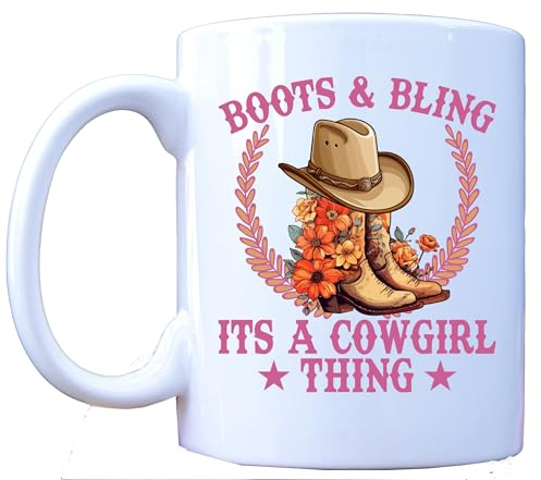 Millhouse Prints Boots & Bling Cowgirl Mug – Country Girl Coffee Mug with Western Floral Design – Rustic Southern Style Ceramic – 11oz