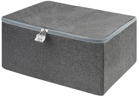 BATHRINS Abschließbare Box, Aufbewahrungsbox mit Deckel Stoff, Box Abschließbar Grau, Faltbare Stoffbox mit Schloss, Abschliessbare Kiste für Bettwäsche Kleidung Toys(30×20×14cm)