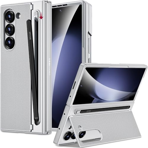 Miimall Case pour Samsung Galaxy Z Fold 5 avec Stylus, [Fente pour Stylet][Verre Trempé HD], Renforcée Robuste Antichoc Antidérapante Mince Léger Coque Samsung Z Fold 5 avec Support (Argent)