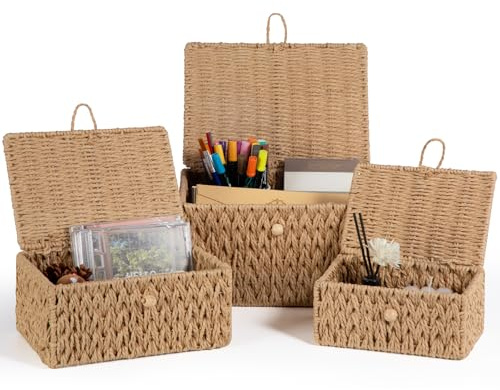 Otauoaea 3 Stück Aufbewahrungskorb mit Deckel – Geflochtener Korb aus Papierseil, Stapelbar für Bad, Küche & Wohnzimmer | Boho Deko & Organizer