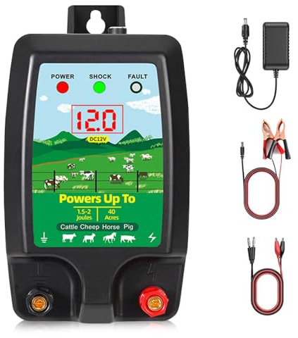 Weciau Weidezaungerät 12V mit LED Anzeige, Elektrischer Schäferhund für 10 km Reichweite, Wasserdicht Elektrozaungerät für Schutz von Nutztieren, Haustieren, Geflügel, Hausweide, Gärten