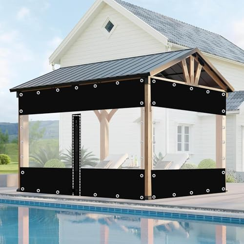 Pxzybd Rideaux D'extérieur,Panneaux Latéraux De Bâche Transparente Étanche Noire en Plastique PVC,Bâche Claire Imperméables Pergola avec Fermetures Éclair,avec Oeillets,W×H-4.6×1m(15.1 * 3.3ft)