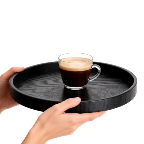 Su & Chan Legence Round Black Wooden Tray, Wooden Serving Tray with Raised Edges for Tea, Coffee, Snacks and Food Meals, Black (dia 21cm)