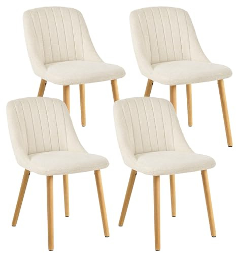 Goeurvant Esszimmerstühle Weiß 4er Set Holzbeine Polsterstuhl Küchenstuhl aus Chenille Stühle Esszimmer Wohnzimmerstuhl für Esszimmer Küche Büro